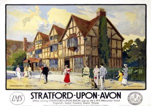Poster produced for the London, Midland & Scottish Railway (LMS) to promote rail travel to Stratford-upon-Avon, Warwickshire, and the LMS Welcombe Hotel, described as 'England's newest country house hotel'. As the birthplace of the playwright William Shakespeare (1564-1616), Stratford-upon-Avon was promoted extensively to the American market. c 1923. Artwork by Warwick Goble, who studied at Westminster School of Art and started out as a lithographer. He exhibited at the Royal Academy and other leading galleries. He illustrated many books and designed posters for the LMS and Great Western Railway (GWR).
